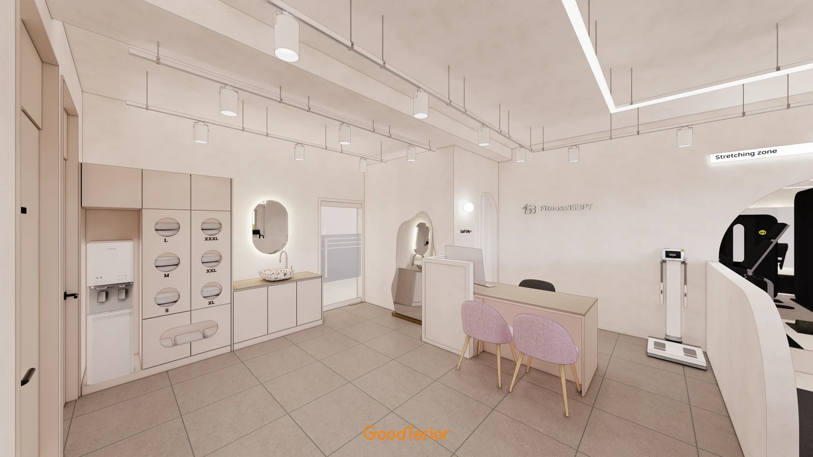 Gym design showing size-marked openings for workout clothing, folded towels below, a washbasin and consultation seats