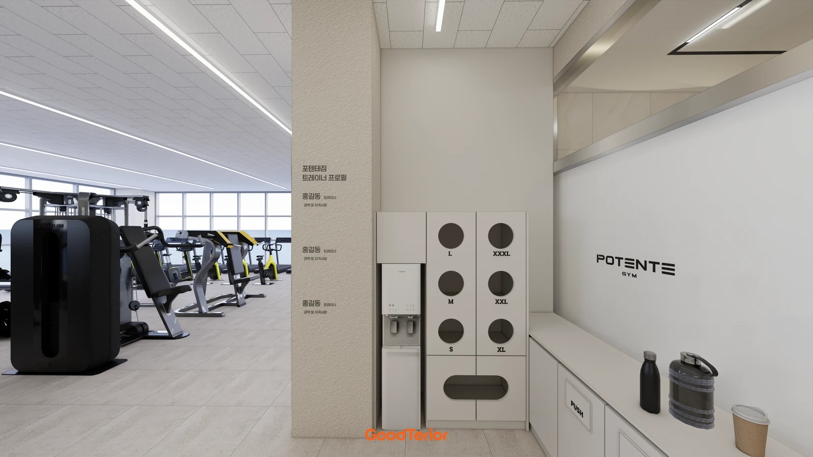 Gym design with round size-marked openings for workout clothing, lower cabinetry, a water dispenser and an adjacent counter