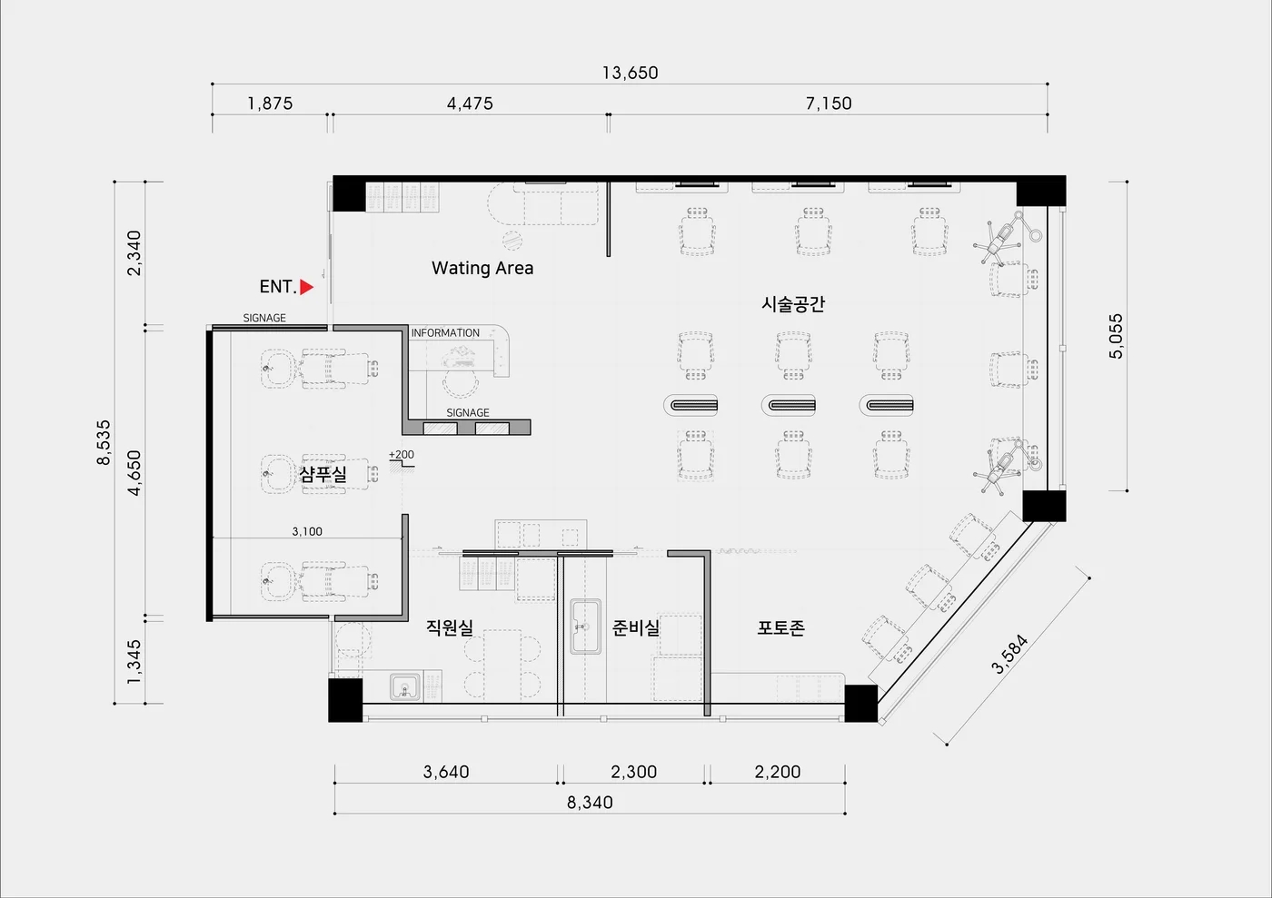 카운터와 좌석, 방의 위치가 표시된 미용실 평면도