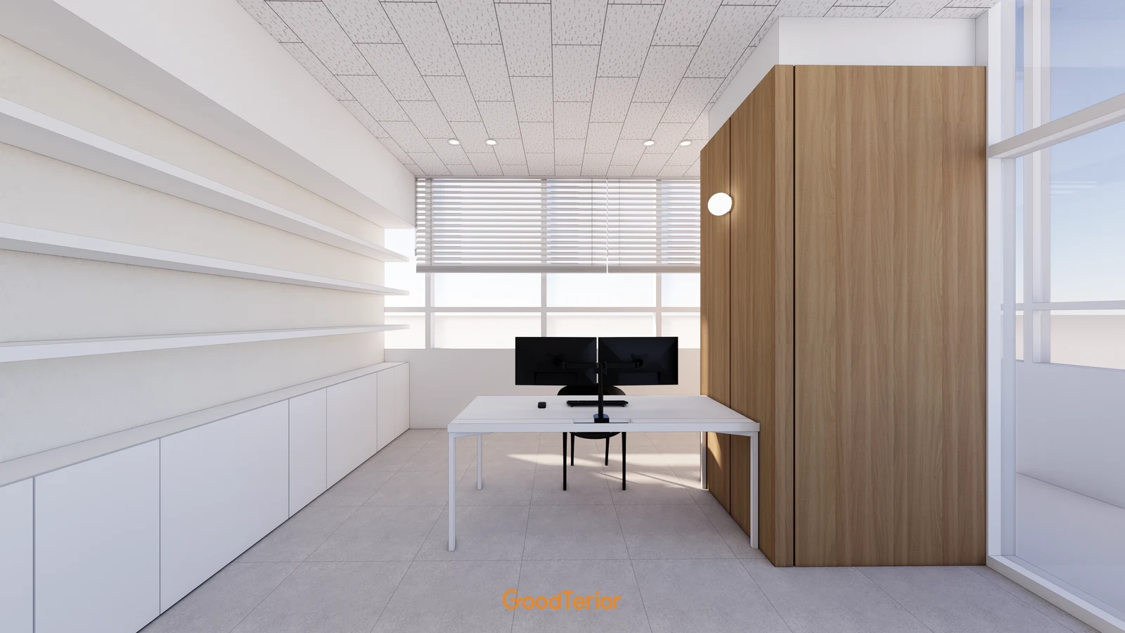 An office design with white blinds divided behind a desk and a wood wall on the right
