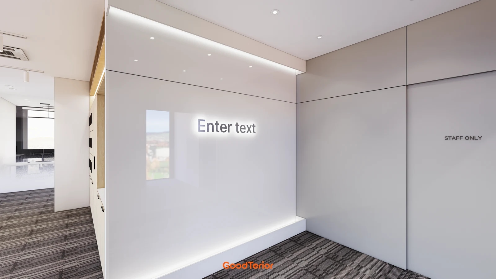 Enter text라는 임시 문구가 있는 밝은 벽과 상하 간접조명, 패널 이음선 및 직원용 문이 보이는 서초 사무실 설계 이미지