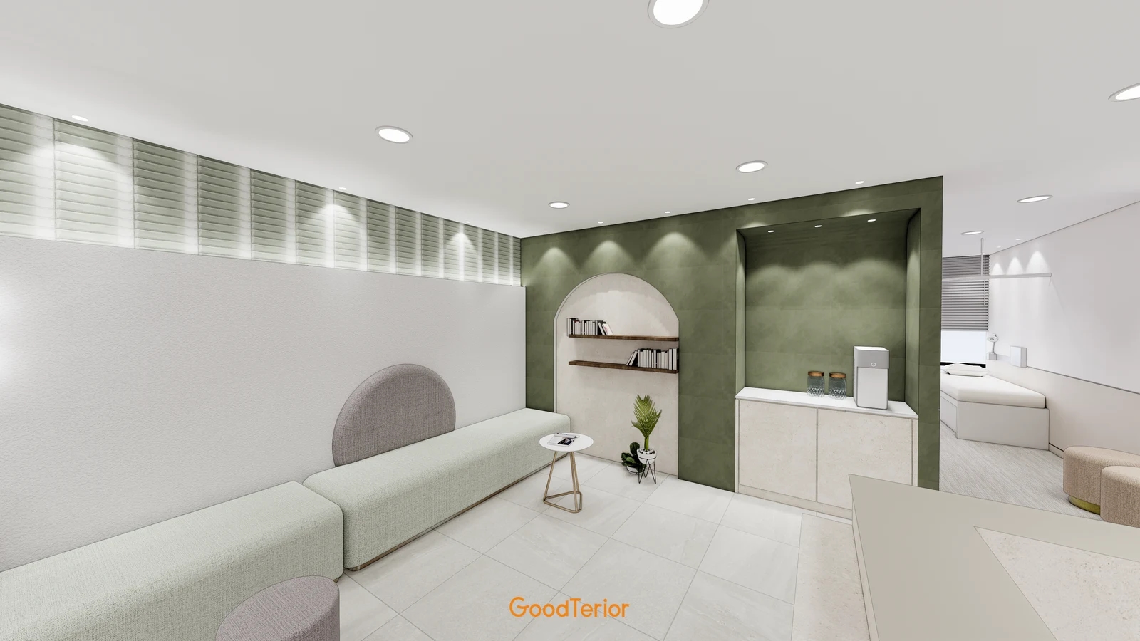Healthcare interior rendering with a pale green sofa, small round extra seats, a bookshelf, and a refreshment cabinet