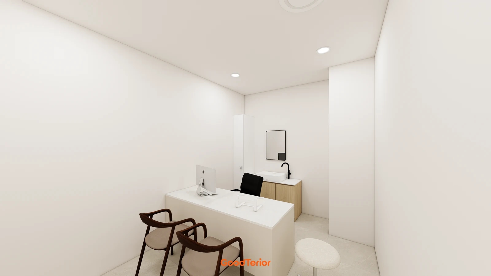 White consultation room design with two armchairs in front of a desk and a separate stool to the side