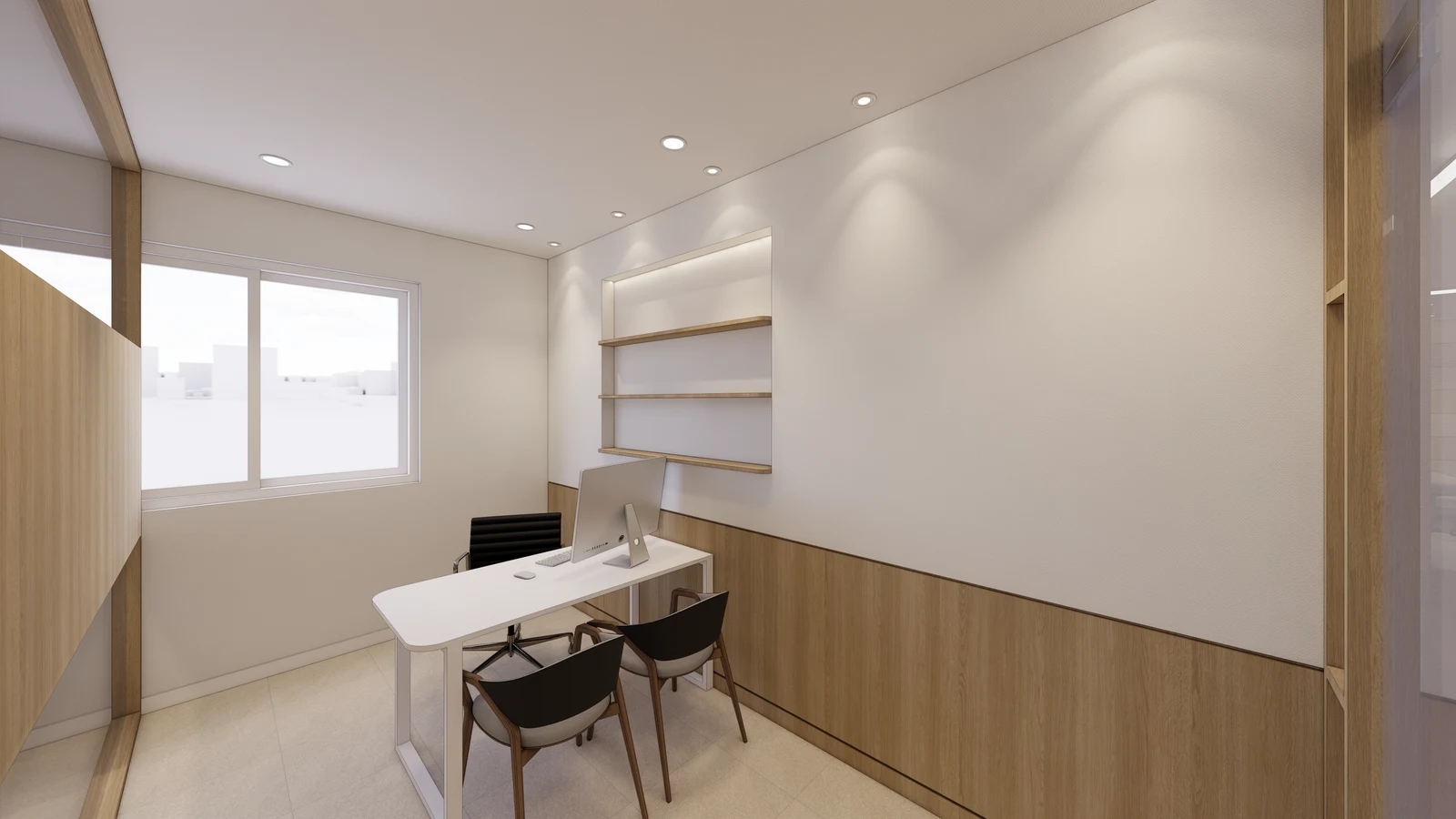Two chairs side by side in front of a white desk with a monitor inside a glazed consultation room