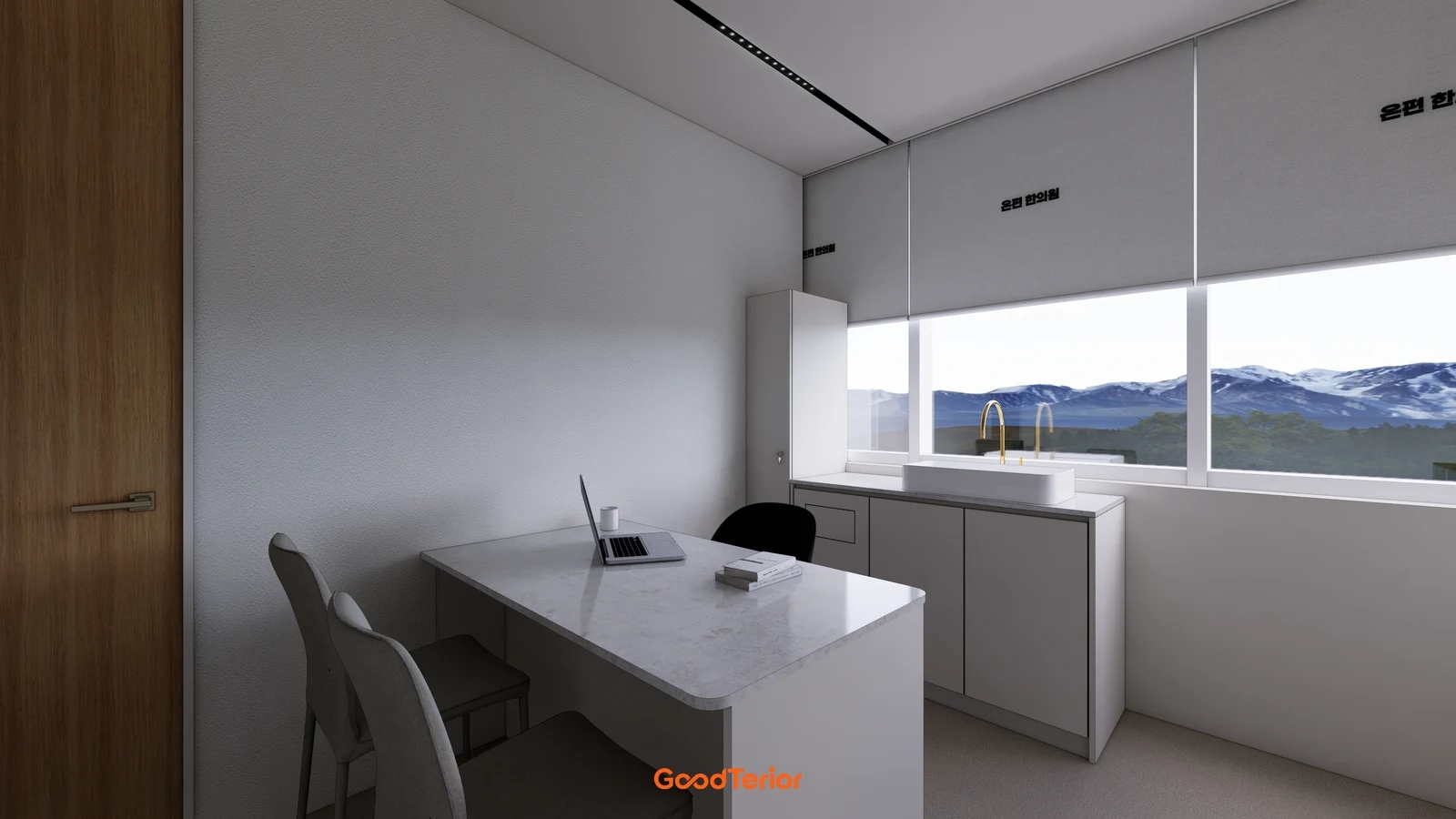 Two visitor chairs in front of a desk near a door, with a washbasin and cabinets along the rear window